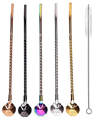WHATON 5 Piece Cocktail Spoon Set, Cocktail Straws Latte Macchiato Spoon Extra Long, Stainless Steel Straws Set Reusable Fruit (Color : Kirschblüten)