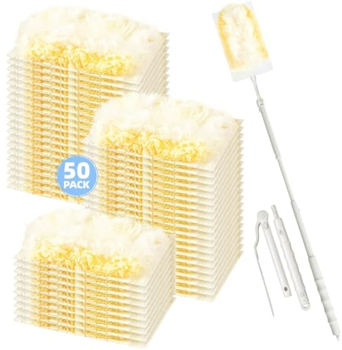 Loveco 51 piezas compatibles con Swiffer Staubmagnet Recarga 180° Plumero desechable para Swiffer Duster Recarga para pelo de animales, polvo, suciedad (50 paños amarillos + 1 mango telescópico)