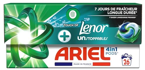 Ariel 4en1 PODS, Lessive Liquide En Capsules 26 Lavages, + Touch Of Lenor Unstoppables, 7 Jours De Fraîcheur Longue Durée