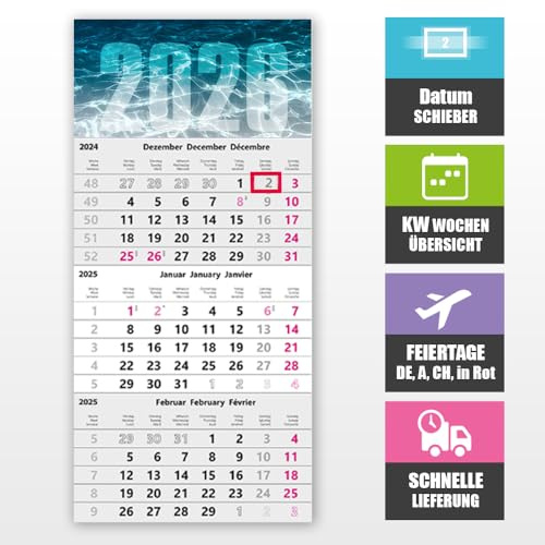 3– Månadskalender 2026 med datumförare – väggkalender 30 x 49 cm för optimal planering, väggplanerare 3 månaders översikt, 3 månaders planerare, KW-veckoöversikt, helgdagar DE, A, CH, vattenmotiv