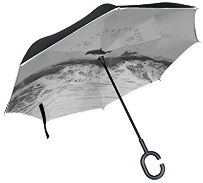 Mnsruu Doppelschichtiger umgekehrter Regenschirm, graue Delfine, springen aus dem Meer, faltbarer Regenschirm, winddicht, UV-Schutz, Kopfseite, für Auto-Regen, mit C-förmigem Griff