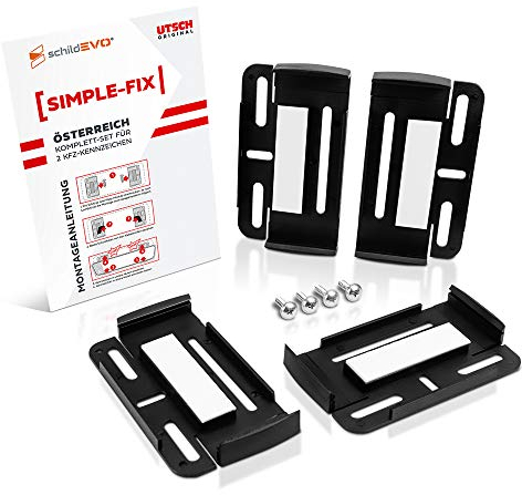 schildEVO Simple Fix AT | Kennzeichenhalter für ÖSTERREICH | Set für 2 Autokennzeichen | Rahmenlose Nummernschildhalter | Auto PKW Kfz | Nummernschildhalterung