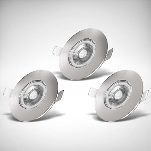 B.K.Licht - 3er Set LED Bad Einbaustrahler 230V flach, warmweiße Lichtfarbe, Lochmass 68mm, LED Spot, Deckenspots, Spots, Einbauleuchten, Einbauspots, Badezimmer, 90x25 mm, Matt-Nickel