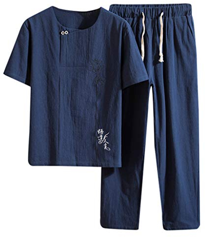 Yowablo Leinenhemd Herren Regular Fit Langarm Hemd Herren Button-down Sommer New Baumwolle und Hanf Kurzarm Langhose Mode Bequemer Anzug (L,Marine)