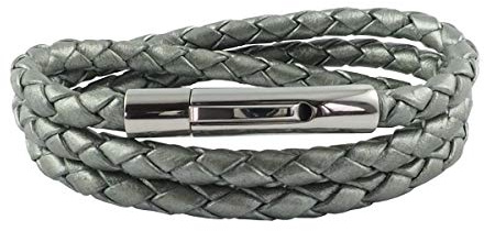 König Design Lederkette Lederband Leder-Armband 3 mm Herren Halskette Grau Metallisch 50 cm lang mit Hebeldruckverschluss geflochten