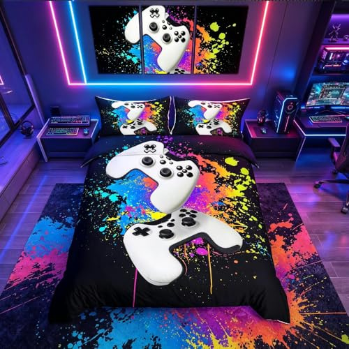 Gamepad - Set di Biancheria da Letto per Ragazzi, Moderno, per Videogiochi, Matrimoniale, 3 Pezzi, Acquerello, Tinta Unita, Decorazione per Camera da Letto