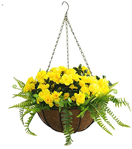 Home And Outdoors Patio DIY Beautiful Silk Yellow Artificial Azaleas And Plastic Fern Persian Grass Decoration Chain Hanging Basket Flower Pot (Big Basket)