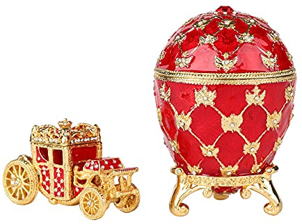 QIFU Vintage Red Easter Egg Style Jewelry Trinket Box with Mini Royal Carriage, Unique Gift for Easter Collection