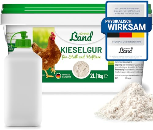 HÜHNER Land Kieselgur für Hühner 1kg INKLUSIVE Stäubeflasche - Reines Kieselgur Hühner Pulver, Kieselerde Pulver, Naturprodukt für Hühnerstall, Laborgeprüft für Geflügel Betriebe