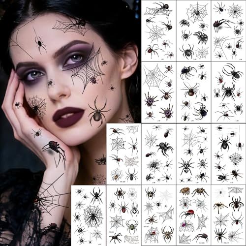 Halloween Tattoo Gesicht, 10 Blätter Temporäre Schwarz Spinnen Tattoos, Gesichtstattoo Spinnweben Klebetattoos für Halloween Kostüm Damen Masquerade Karneval Party