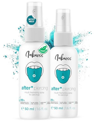 Inkness 2x Mundspray für Piercing 50ml - Piercingpflege mit Aloe Vera & Chlorhexidin - 99% natürlich - Parfümfrei - Vegan - Piercing Pflege für optimale Mundhygiene - Mundpflege bei Oralpiercing