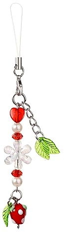 Strawberry Phone Charm, Cute Glass Charme de Téléphone Lanière Perlée Mobile for Phone Keychain Charm for Women Girls Teen Phone Bag(Rouge)