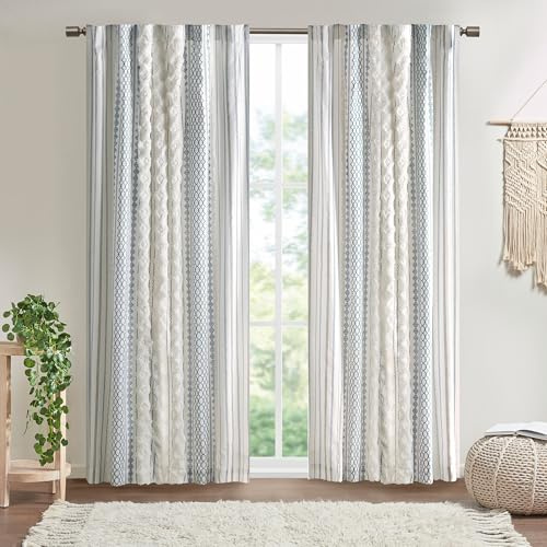 Ink+Ivy Boho Curtain for Bedroom Single Panel Window Curtain for Living Room, 100% Cotton Tufted Chenille Stripe Modern Farmhouse Curtain Light Filtering Drape for Bedroom, 50 x 84, Ivory/Navy
