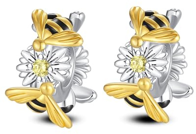 Annmors Gold Bee Stopper Charm 925 Perles En Argent Sterling pour Breloque Compatible Bracelets Collier Perles Oxyde Zirconium Noël Saint Valentin Cadeau Fête des Mères Femmes Filles 2pcs / Set