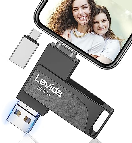 USB Stick 256GB für Phone,Levida Speicherstick,Photostick,Externer Speicher 4 in 1,Fotostick 3.0,Flash Drive für Handy,iOS,Android,Pad,Laptop,Pc(Mobile Memory,Automatic Photo Backup),Helles Schwarz