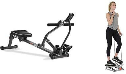 Sunny Health & Fitness Advanced Twist Stepper Machine, Portable Mini Stair Stepper, Resistance Bands + Sunny Health & Fitness Smart Compact Adjustable Rowing Machine, 12 Levels Adjustable Resistance