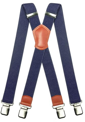 JEMYGINS Bretelle da uomo larghe 3,8 cm con forti 4 clip in metallo, taglia unica, regolabili ed elastiche, stile X per uomini e donne, blu navy, M