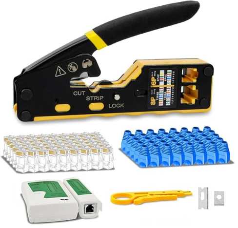 Kit de Herramienta de Crimpado RJ45, Set de Herramienta de Crimpadora RJ45 con Probador de Cable de Red, 50 Conectores CAT6, 50 Botas, Pelacables, Ethernet CAT5 Cat5e Cat6 Crimpadora