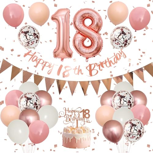18th Birthday Decorations Retro Pink Rose Gold, 18th Birthday Balloons Set | Happy 18th Birthday Banner, Number 18 Balloons Cake Toppers Confetti Balloons For Girls Women Birthday Party Decorations