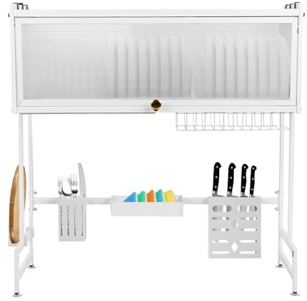 HUOLE Escurreplatos sobre Fregadero, Escurridor de Platos, Organizador Cocina, Estante de Secado de Platos de Acero Inoxidable de 3 Niveles, con Soporte para Utensilios, 65 * 30 * 78cm-lanco
