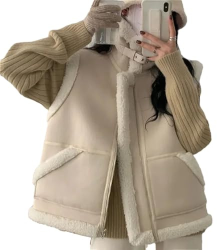 Damen Winter verdickte warme Weste mit Lammfell ärmellose Jacke Oberbekleidung Fell integrierte Weste, weiß, XXL