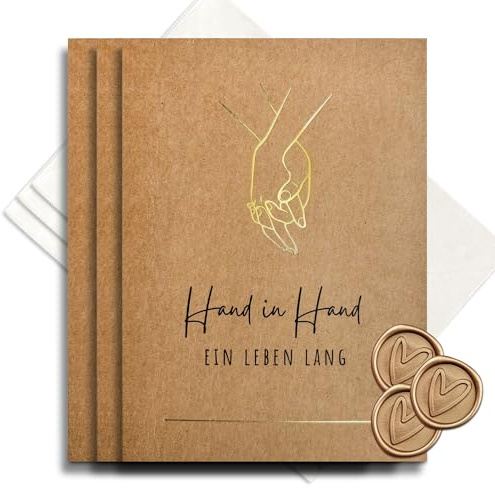 møij 3er Set Hochzeitskarten Kraftkarton mit Goldfolie Hand in Hand | inkl. Briefumschlägen & Wachssiegel, edle Heißfolienprägung, Geschenkbeilage