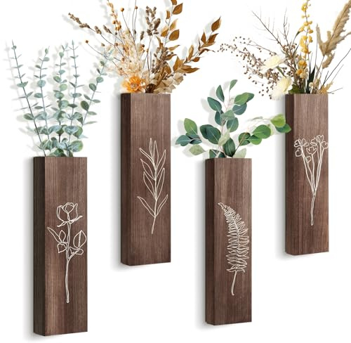 Wooden Wall Planters, 4 Pack Modern Farmhouse Wood Vases Plants Wall Decor with Fake Eucalyptus Stems for Living Room, Bedroom, Bathroom