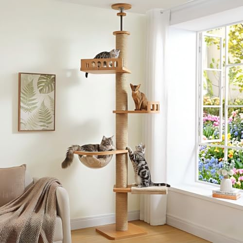 Mekidulu Kratzbaum vom Boden bis zur Decke, 5 Stufen höhenverstellbar, Kletterturm mit 11 cm verdickten Kratzstämmen, vollständig umwickelt mit Sisalseil, Katzenturm mit transparenter Kapsel und