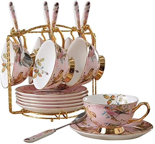 WOTZOV Set da tè pomeridiano con Motivo Floreale Decorativo in Oro per Feste e cene, Servizio da caffè e tè con 6 Tazze, piattino e cucchiaino.