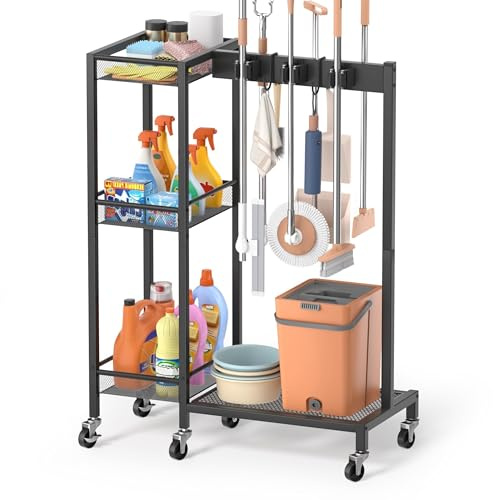 Bikoney Soporte para Escobas con Organizador de Productos de Limpieza, Armario Portaescaleras con Cubeta, Carro de Limpieza con Ganchos y Porta Fregonas, Carrito Multifuncional para Hogar y Utilidad