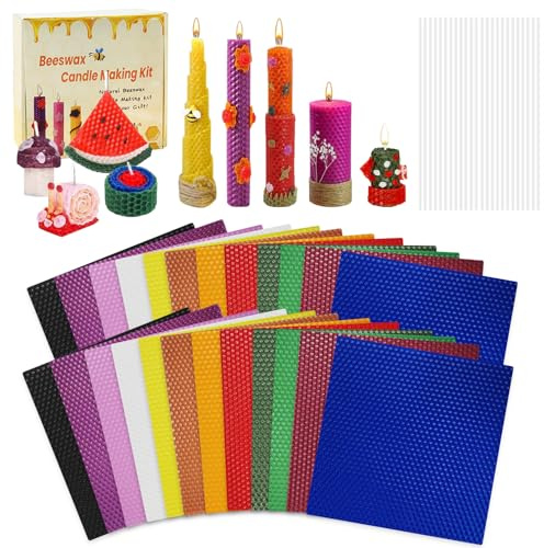 BOYIFEIJIE Juego de fabricación de velas de cera de abejas, placas de cera de abejas, juego de velas DIY con 24 mechas de algodón, velas de cera de abejas para adultos y niños, 12 colores x 2