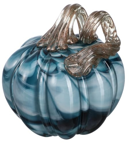 Zerodeko Adorno de calabaza de cristal de colores, azul y gris, decoración artística para el hogar, sala de estar, mesa, forma natural vívida con artesanía, adecuado para decoración de otoño y