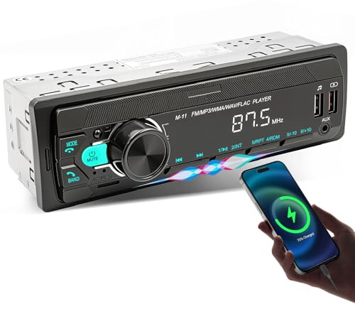Single Din Car Stereo Bluetooth 5.0 Car Audio with Handsfree Voice Assistant FM USB AUX, MP3 Player Receiver with Time Clock Remote Control