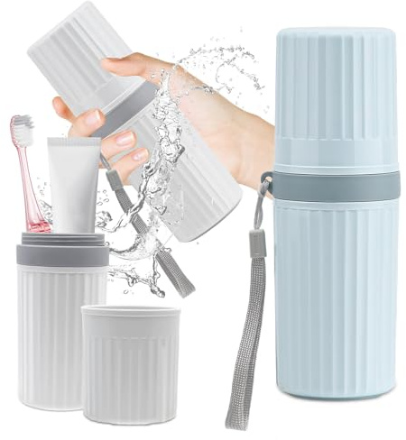 Rwbimti 2 Stück Zahnbürsten Etui, Wasserdicht Reisen Zahnbürsten Etui,Reise Wasser Becher Set, Tragbar Kunststoff Reisezahnbürsten Box für Camping, Geschäftsreise, Täglichen Gebrauch (Grau + Blau)