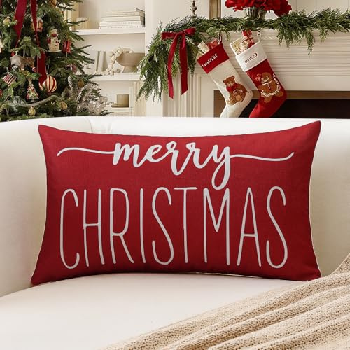 Artscope 1er Set Weihnachten Kissenbezüge 30x50cm Merry Christmas Zierkissenbezug Wohnkultur Dekokissen Kissenhülle Sofakissen für Sofa Schlafzimmer (Rot Weiß)