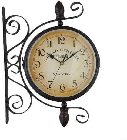 Homeponnew Orologio da parete double face con cornice in ferro battuto stile stazione ferroviaria anticata, design senza tempo per soggiorno, camera da letto o ufficio