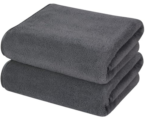 KinHwa Mikrofaser Badetuch 70x140 cm Flauschig 2er Set-Grau | Dichte Korallfleece-Struktur, saugstark und angenehm weich. Trocknet schnell, ideal für Dusche, Sauna und Zuhause