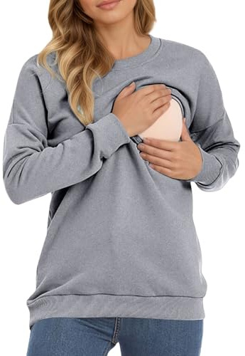 Generisch Sudadera de maternidad y lactancia para mujer - Jersey de manga larga con cremallera horizontal | Ropa de maternidad cómoda con función de lactancia, S