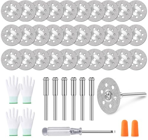 30 dischi diamantati da 22 mm, mini dischi diamantati, mini dischi da taglio forati con 4 punte da 3 mm, due paia di guanti, cinque paia di tappi per le orecchie e cacciavite a croce per piastrelle di