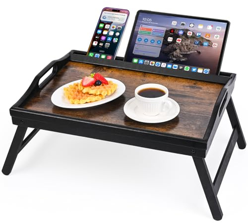 VASMIA Vassoio letto con gambe pieghevoli, per la prima colazione in bambù per mangiare, servire o usare come vassoio, scrivania portatile per laptop, vassoio per snack, Nero e Marrone Vintage