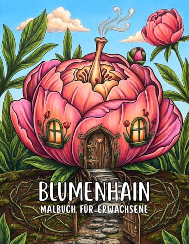 Blumenhain Malbuch für Erwachsene: Zauberhafte Blumenhäuser und fantasievolle Blütenwesen zur Entspannung