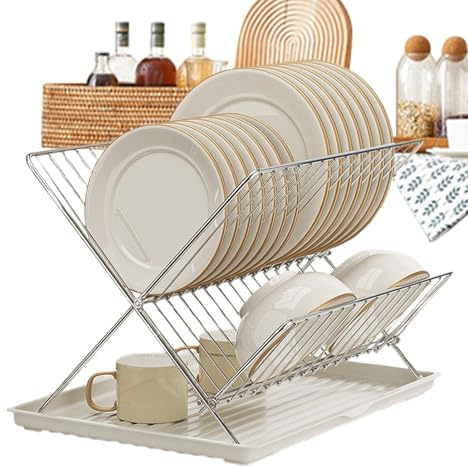 Escurridor De platosDe Cocina: Estante De Secado Plegable De 2 Niveles, Bandeja De Agua Desmontable, Estante Para platosDe Encimera, Ahorro De Espacio | Para Platos, Cubiertos, Tazones, Tazas, Estan