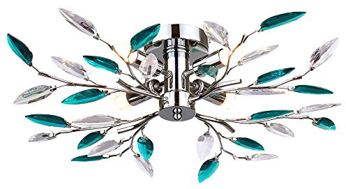Modern Semi Flush Chrome Ceiling Light with Teal Acrylic Leaves by Happy Homewares