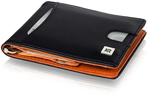 KRONIFY Leder Slim Wallet TÜV geprüftem RFID Schutz I Geldbörse für Herren aus Büffelleder I Portemonnaie I Portmonaise mit Geschenk Box I Geldbeutel für Männer (Mit Clip, Schwarz)