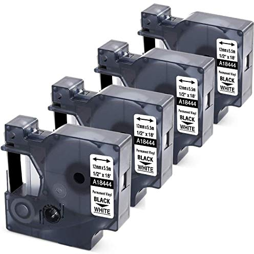 MarkField kompatible Schriftband als Ersatz für Dymo 18444 Rhino Industrie-Vinyletiketten Selbstklebendes Band kompatibel für Dymo Rhino 5200, 4200, 6000, 12mm x 5,5 m, schwarz auf weiß