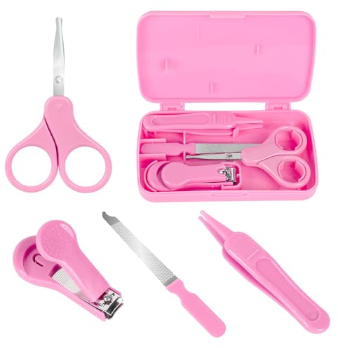 Econtal Set la Cura delle Unghie Bambini, 4-in-1 ROSA, Tagliaunghie, Forbici, Lima per Unghie, Pinzette per Naso, Manicure per Baby, Neonati, Bambini