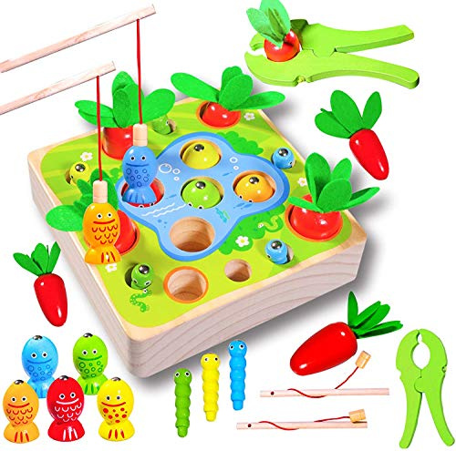 Felly träleksaker för 1 år gamla Montessori leksaker för småbarn form storlek sortering trä pussel morötter och fiske spel set, tidigt lärande förskola pedagogiska gåvor leksak för 2, 3, 4 år gamla