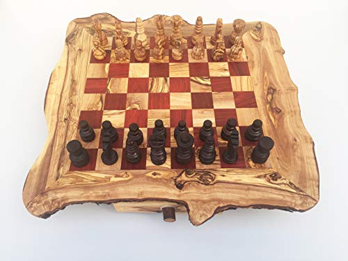 Schachspiel rustikal, Schachtisch Gr. XL inkl. Schachfiguren, handgefertigt aus Olivenholz, Geschenkidee ab 14 Jahre.