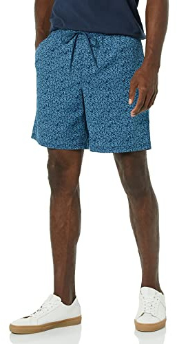 Amazon Essentials Men's Relaxed Fit 8 (20cm) Cotton Shorts with Elastic Waist and Drawstrings, Navy Palm Leaf Print, M
