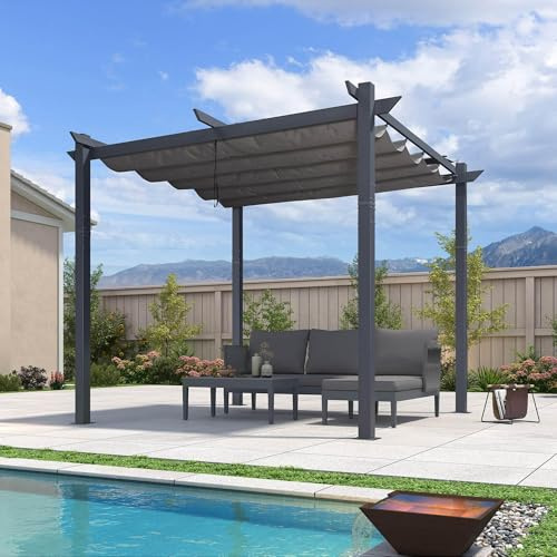 PURPLE LEAF Pergola 3 x 3 m Wasserdicht Stabil Winterfest, Aluminium Garten Pavillon mit Schiebedach, Terrasse Pavillon Dunkelgrau Rahmen mit Sonnenschutz Überdachung, Grau